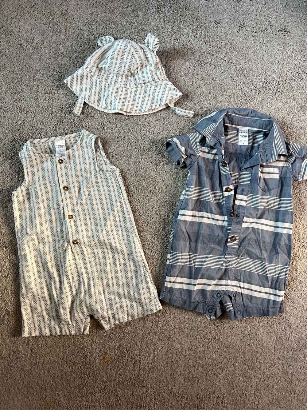 Baby Striped Romper Set with Sun Hat - Gray & Cream 12M
